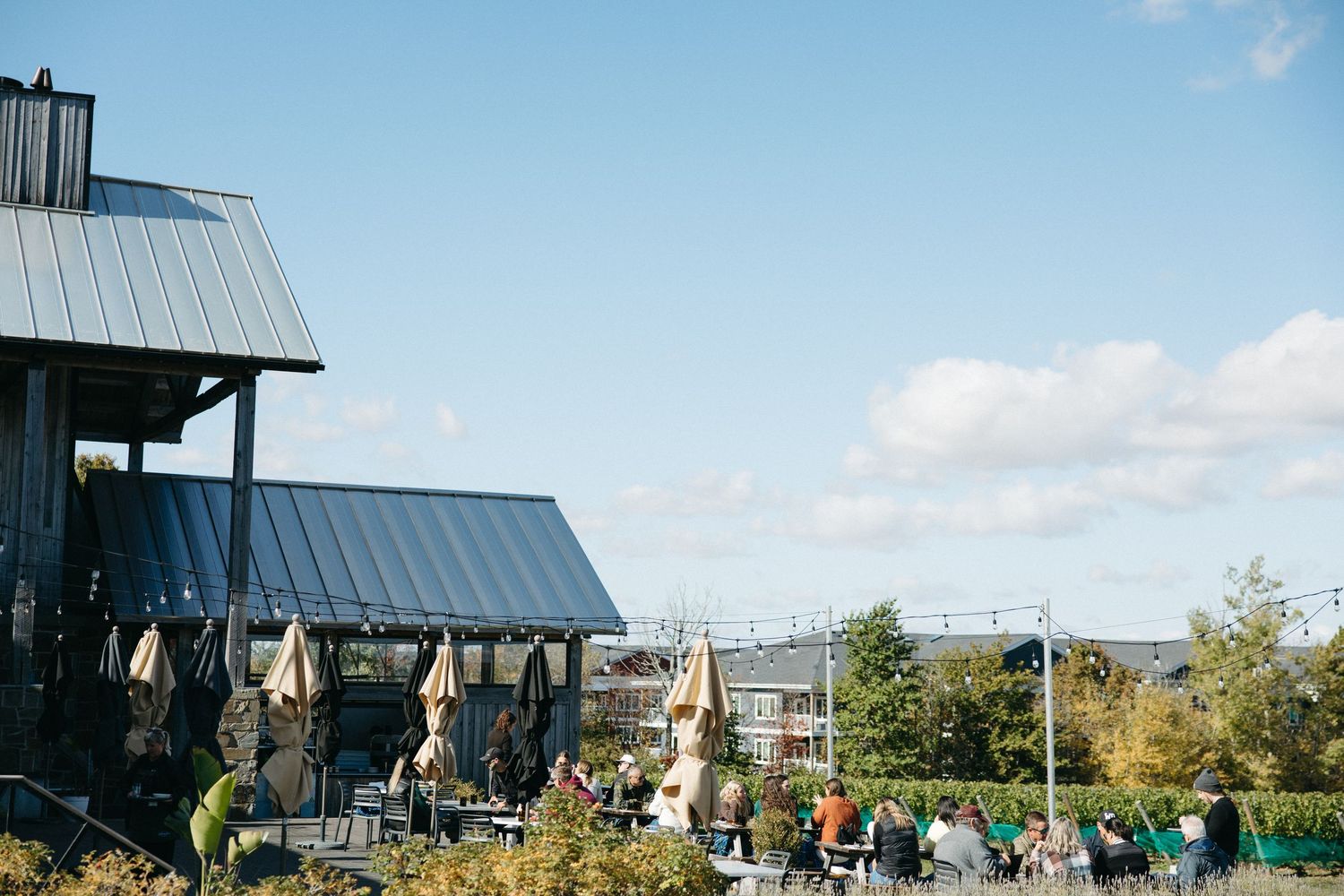 Modern wedding venue with angular architecture set against a blue sky.