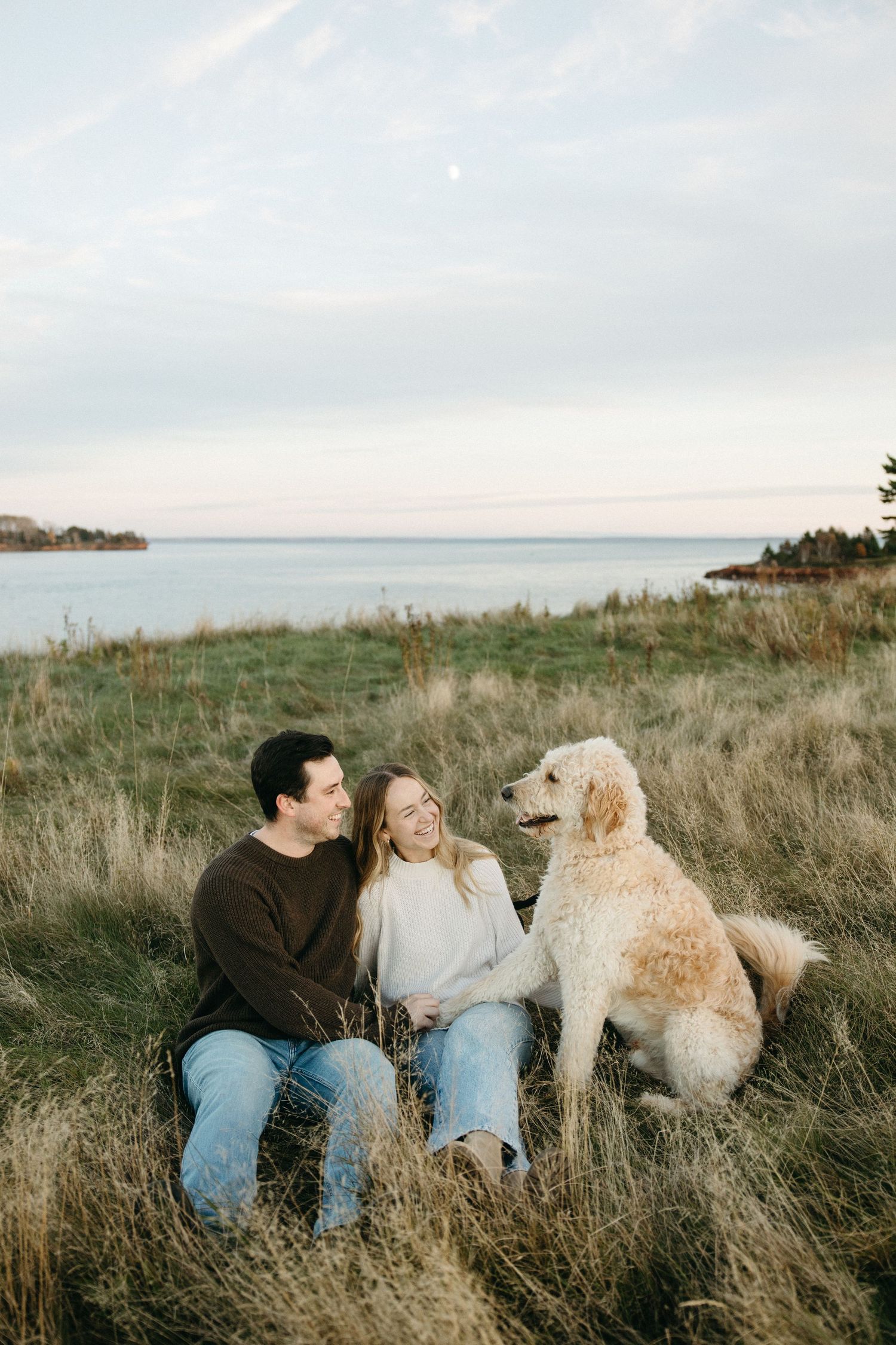 Smiling couple sitting in tall grass beside a fluffy golden doodle dog with a calm coastal bay in the background.
