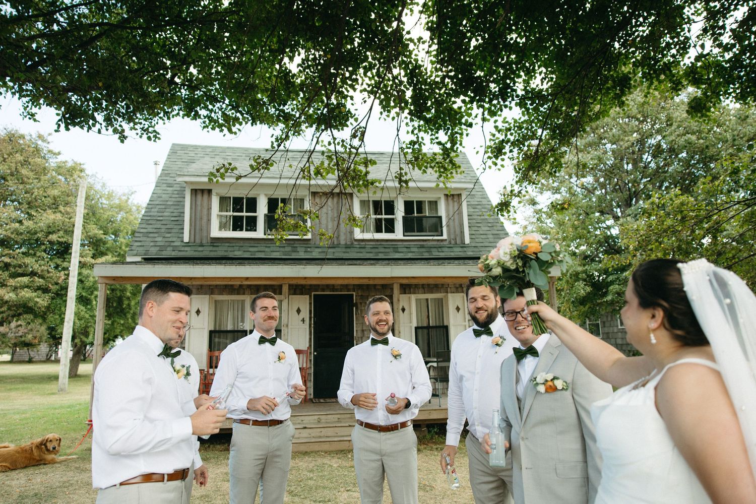 Bride tosses bouquet while groom and groomsmen in green bow ties celebrate under shady trees.