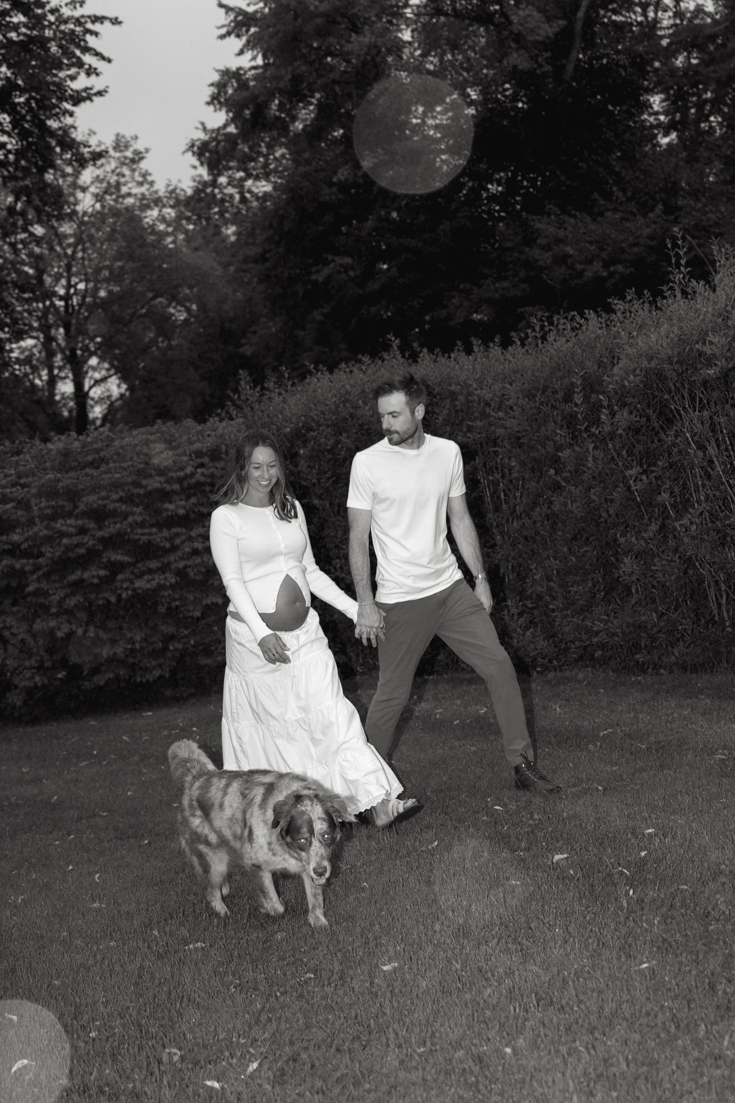 Black and white photo of a couple in white attire walking their dog on a lush green lawn with trees in background.