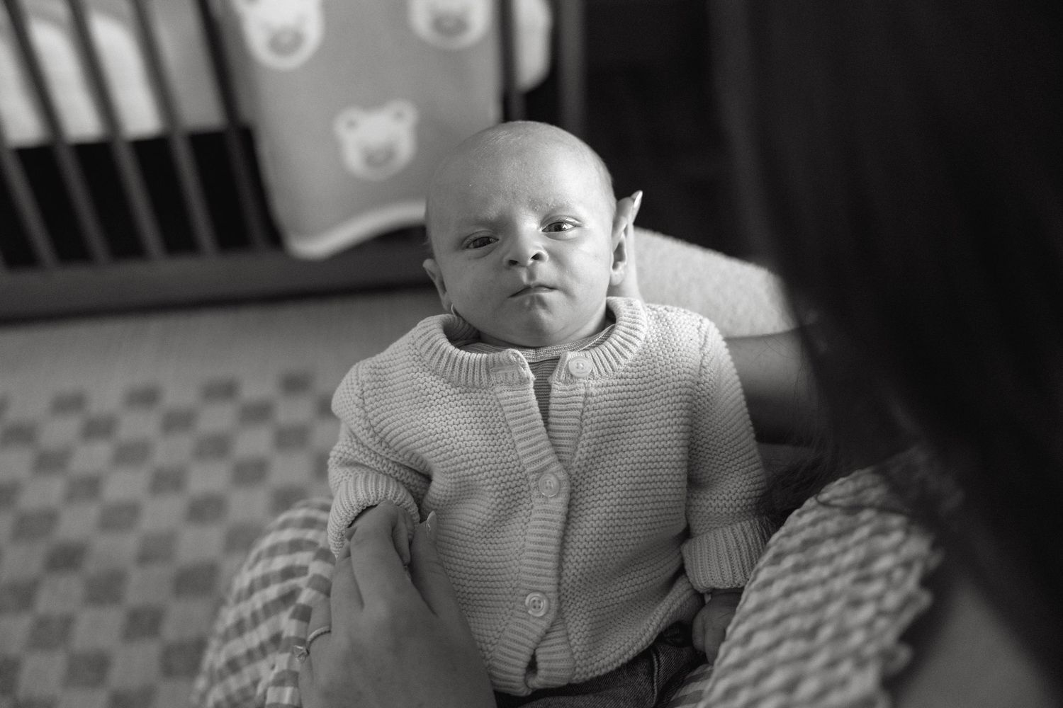 A monochrome image showing a portion of a nursery setting.
