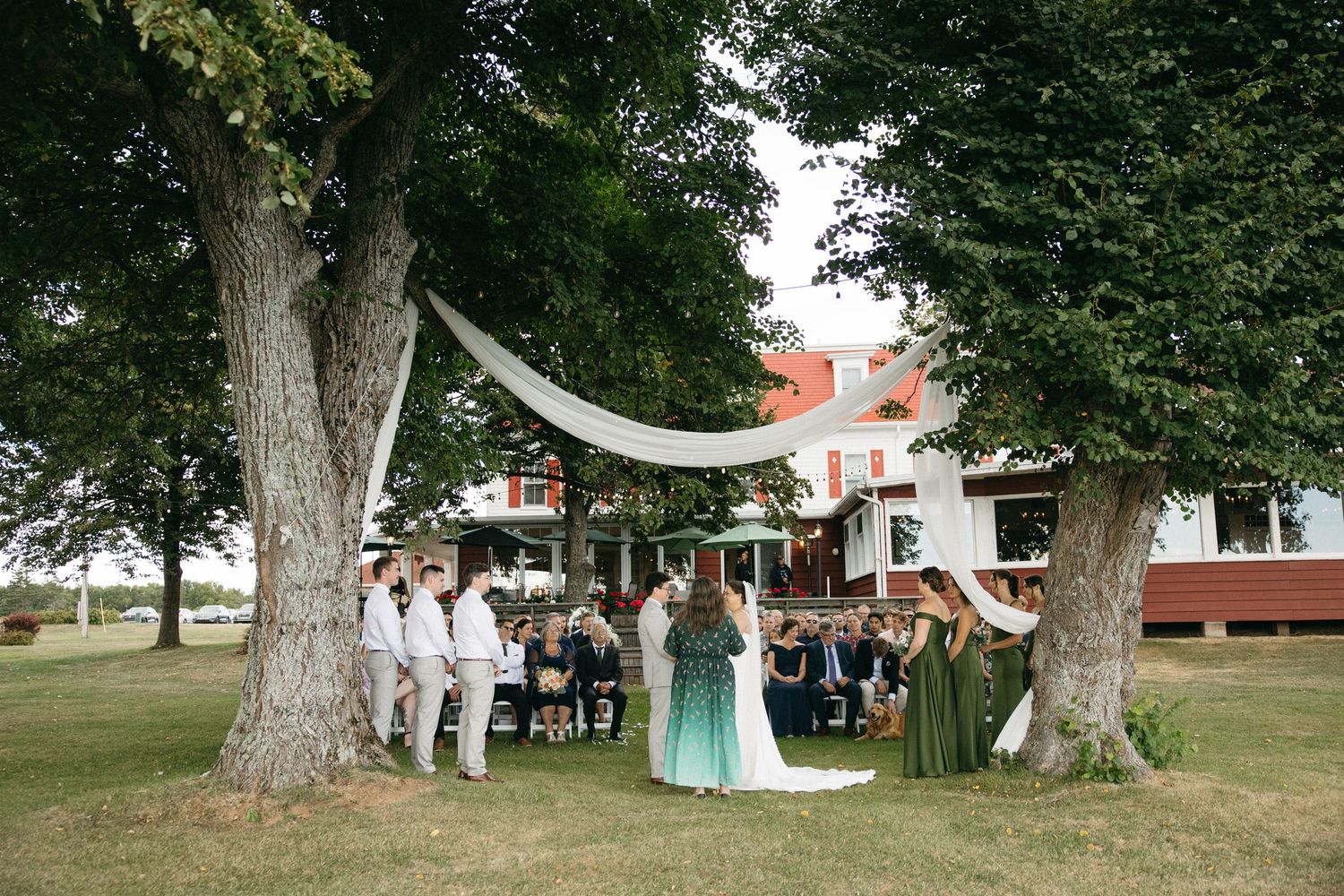 Outdoor wedding ceremony under white fabric draped between two large trees near a historic estate.