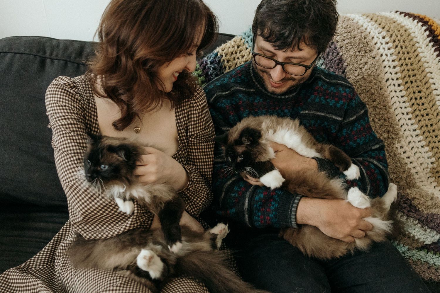 Couple sitting on couch holding fluffy Ragdoll cats in cozy home setting.