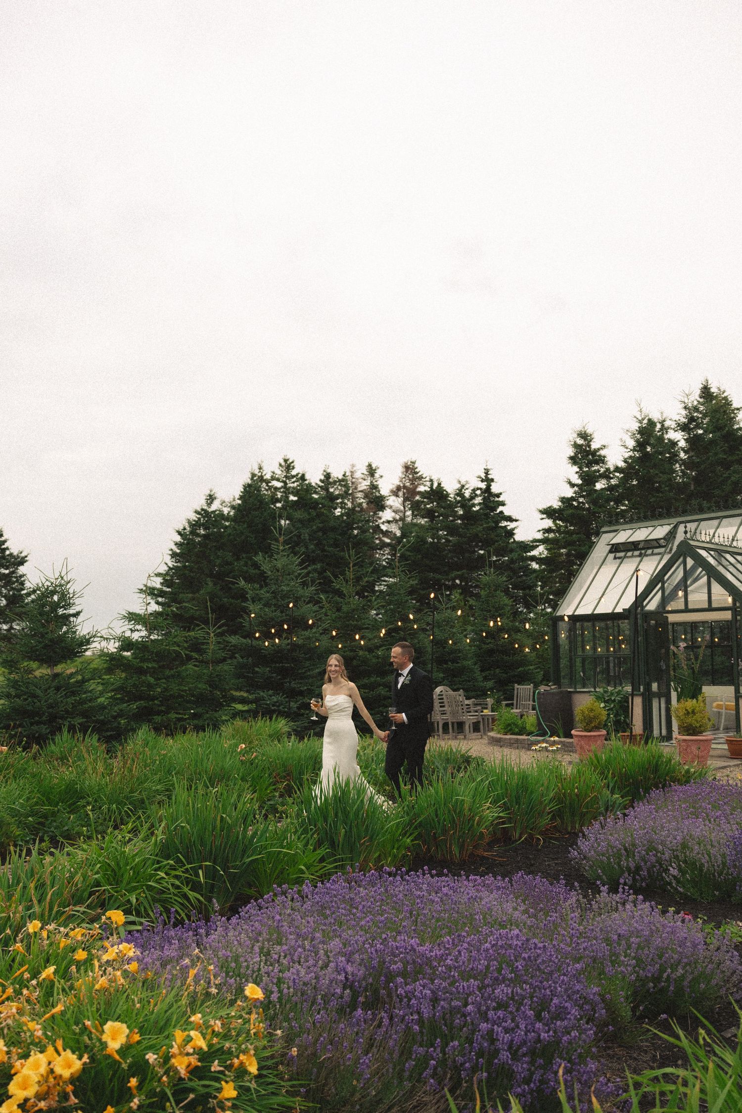 Bride and groom walk through a lush garden with purple lavender and yellow flowers near a glass greenhouse.