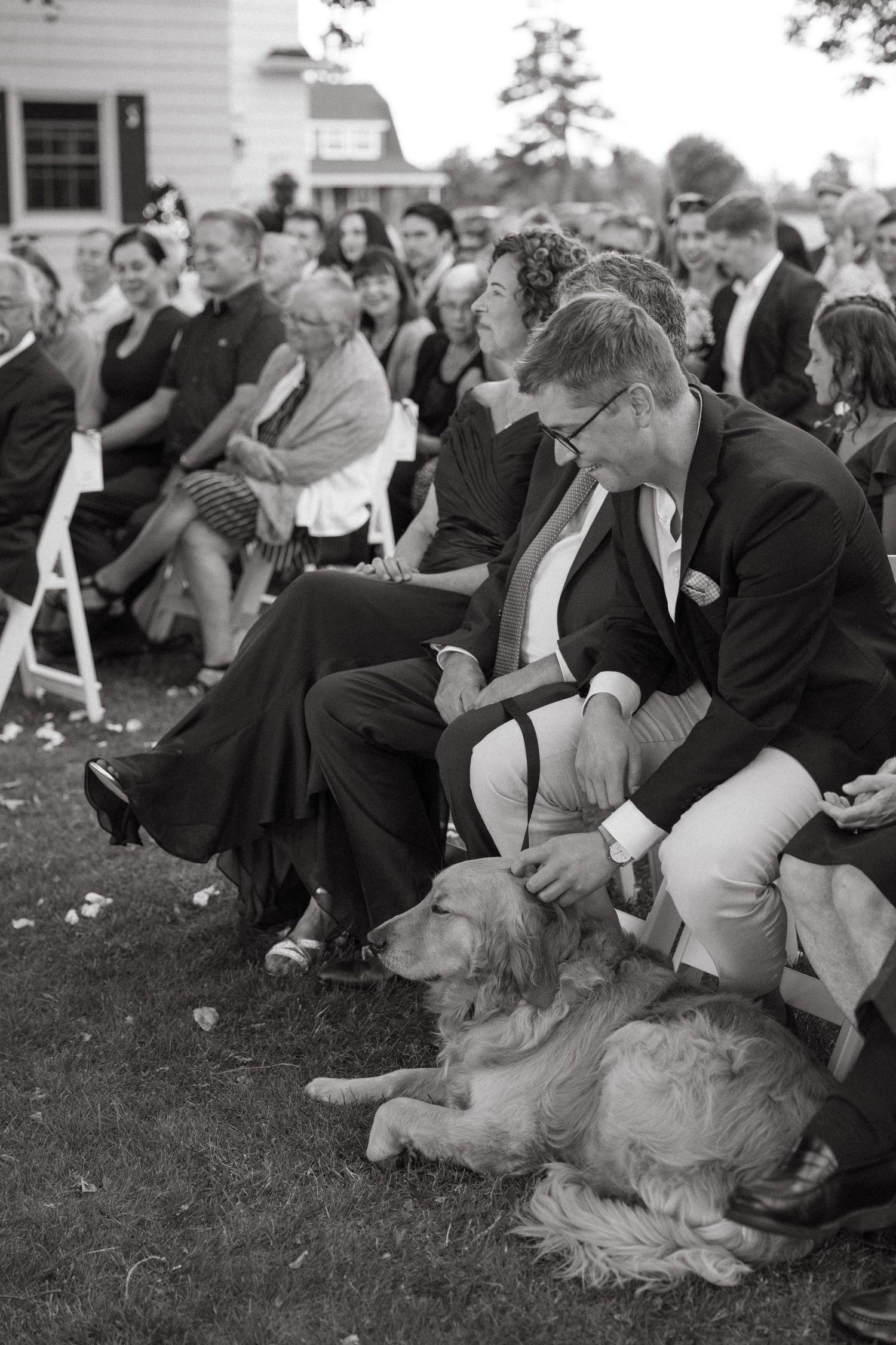 Guest pets a golden retriever dog during an outdoor wedding ceremony in black and white photo.