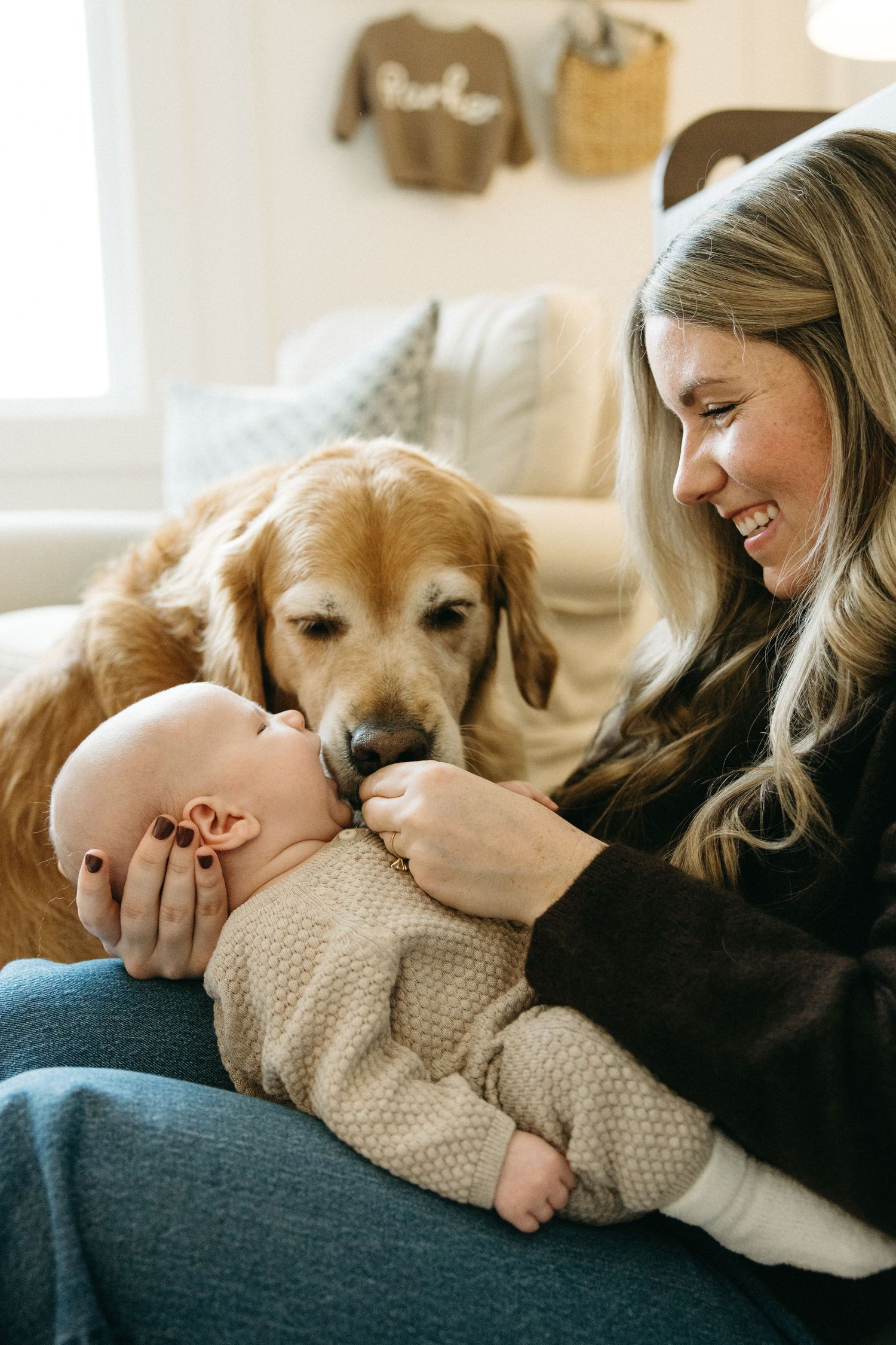 Golden retriever and baby share sweet bonding moments on a cozy couch.