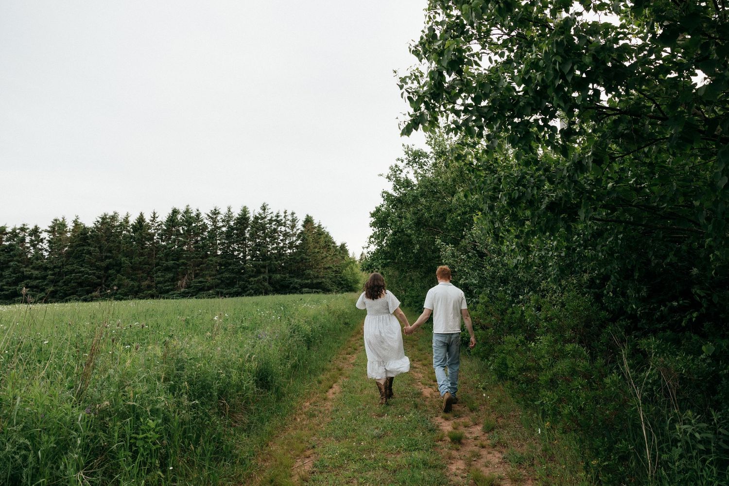 A distant view of a couple walking through a scenic rural landscape with trees.