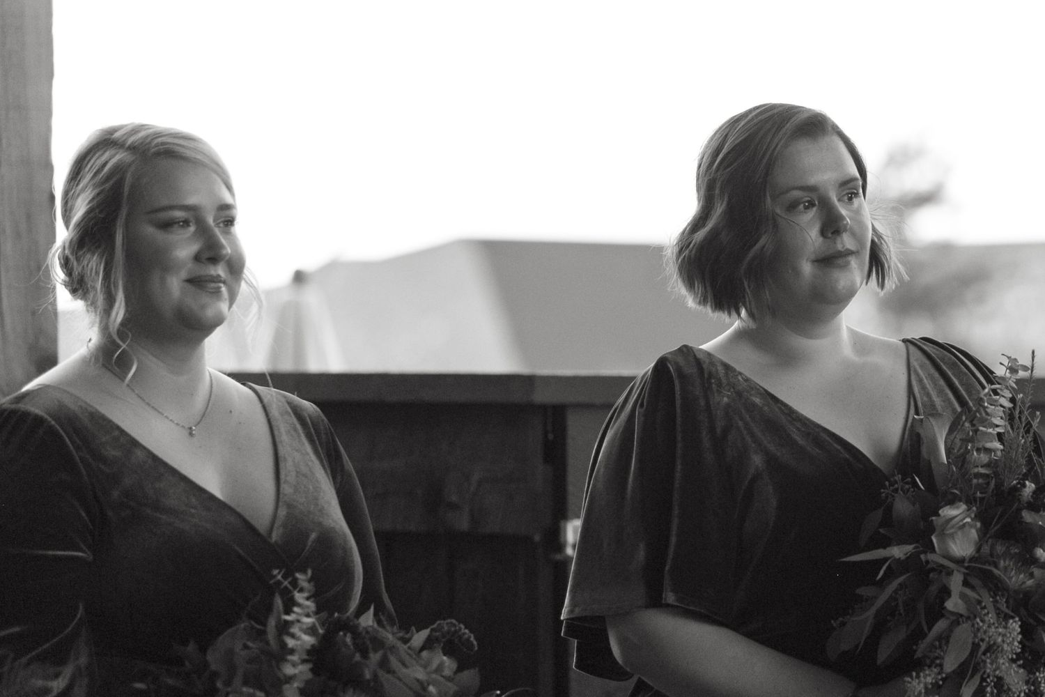 Black and white portrait shots of guests at an elegant event.