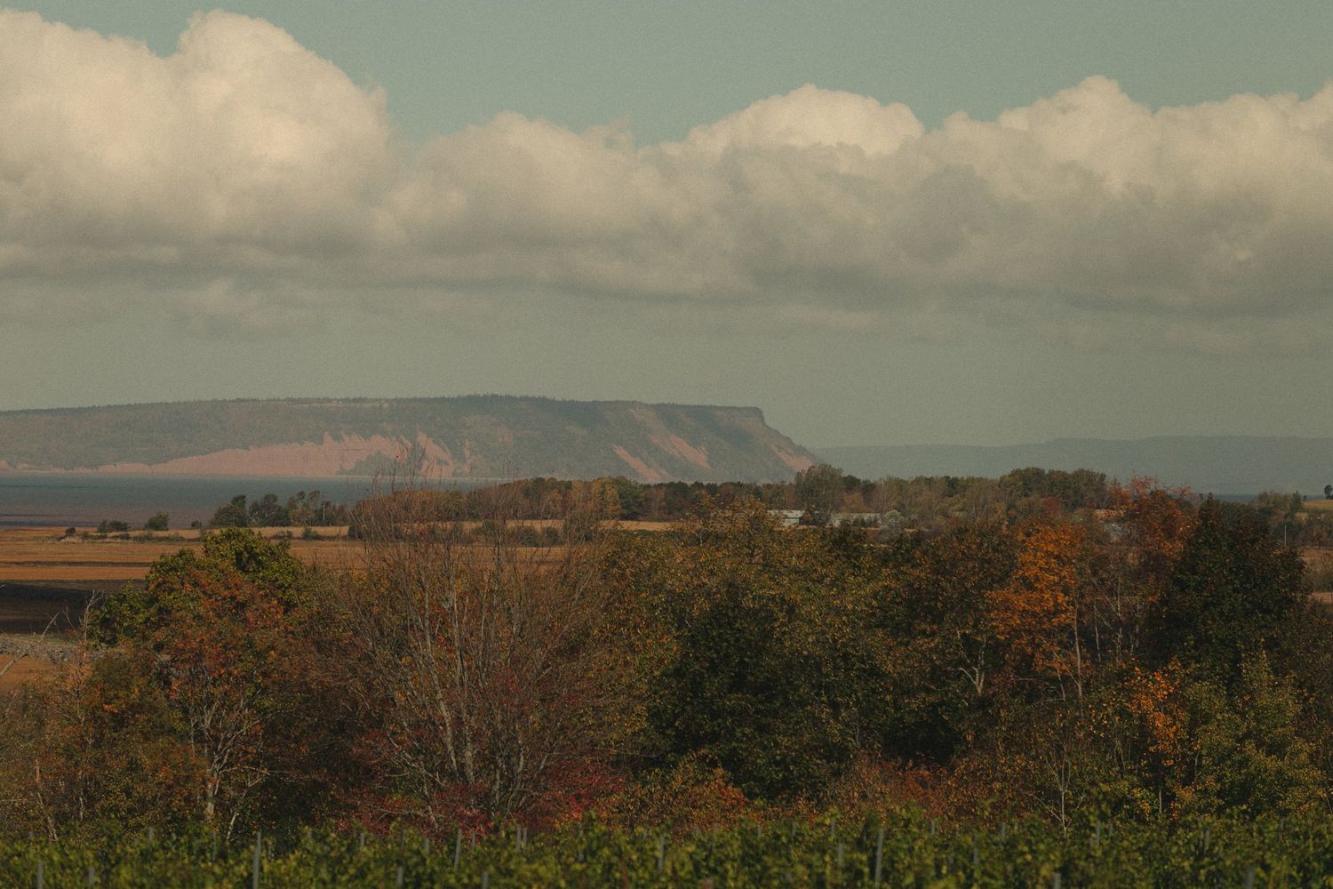 Rolling hills and plateau landscape under cloudy autumn sky.