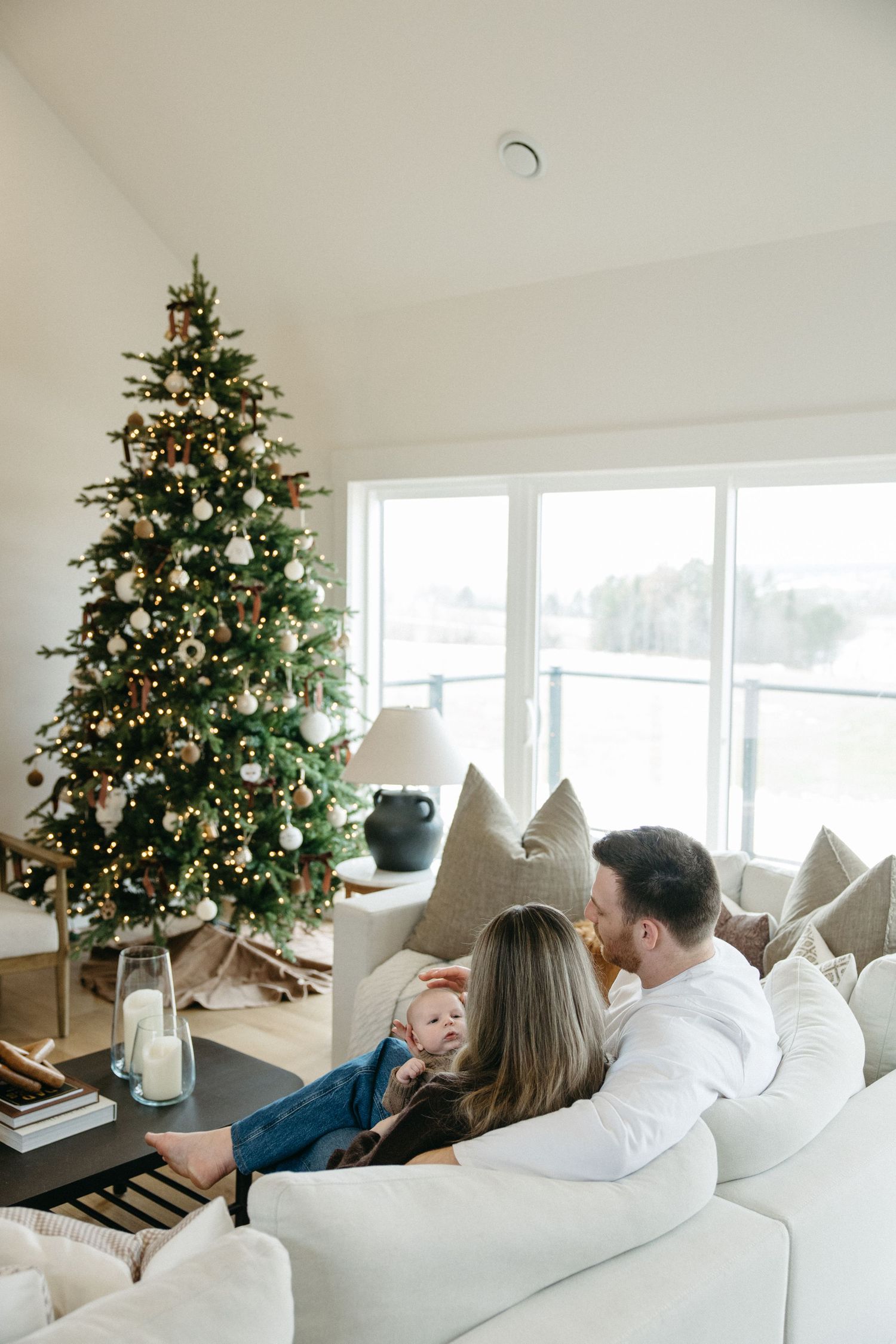 Modern living room with decorated Christmas tree and white sectional sofa near large windows.