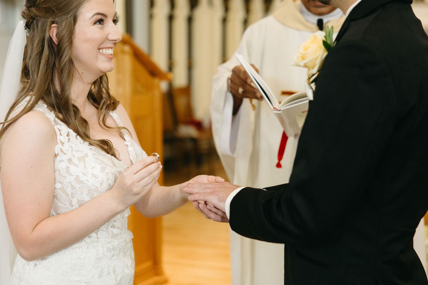 Candid wedding moments captured in sequence during a church ceremony.