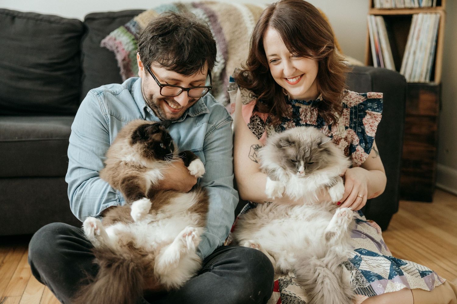 Couple cuddling with fluffy cats while reading together on couch.