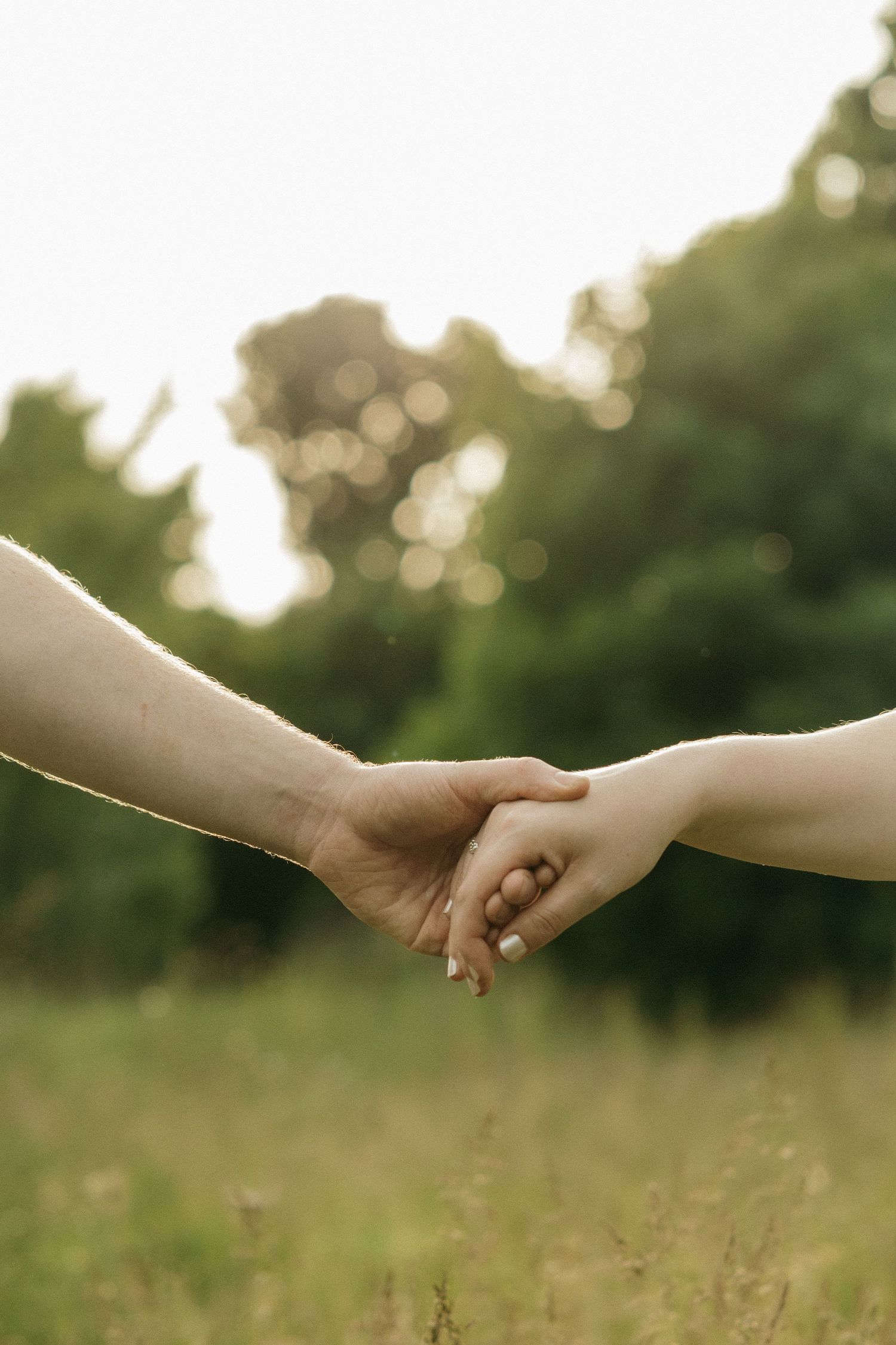 Two hands reaching towards each other against a blurred natural background in warm sunlight.