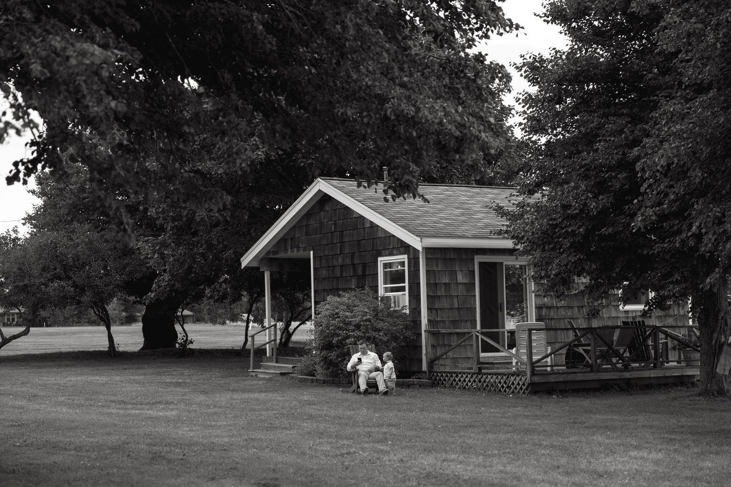 Black and white photo of rustic cottage surrounded by large trees on green lawn.