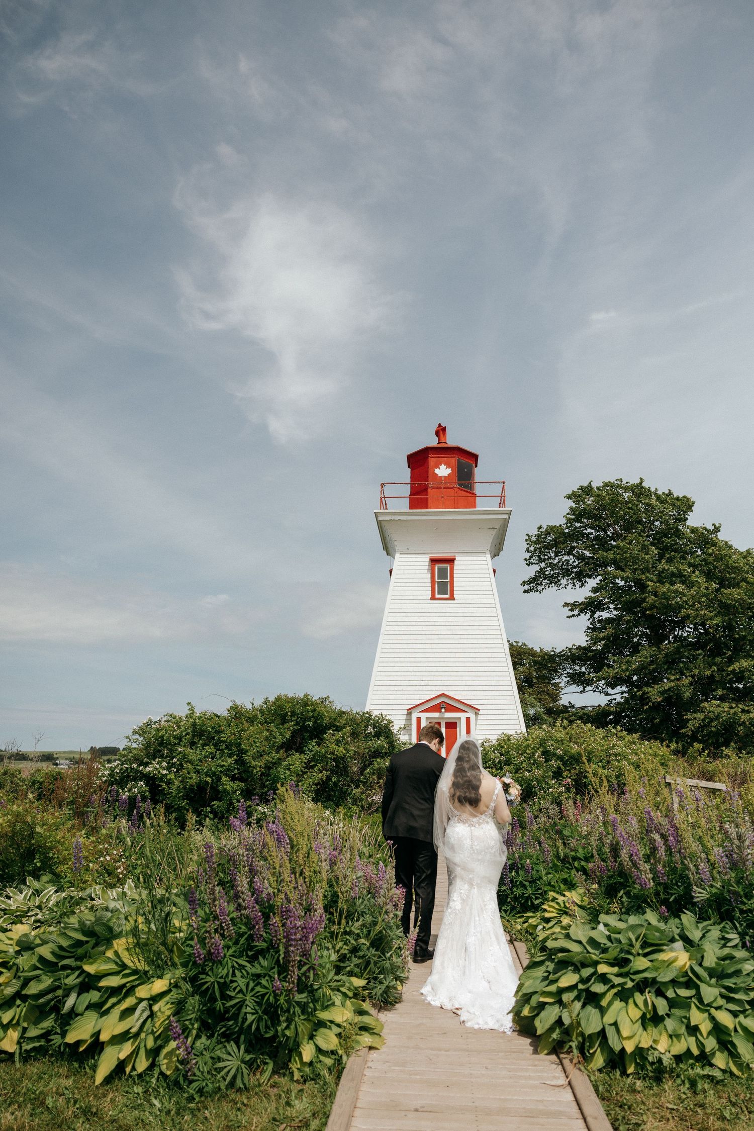 A classic white lighthouse with red trim stands among purple flowers and lush greenery.