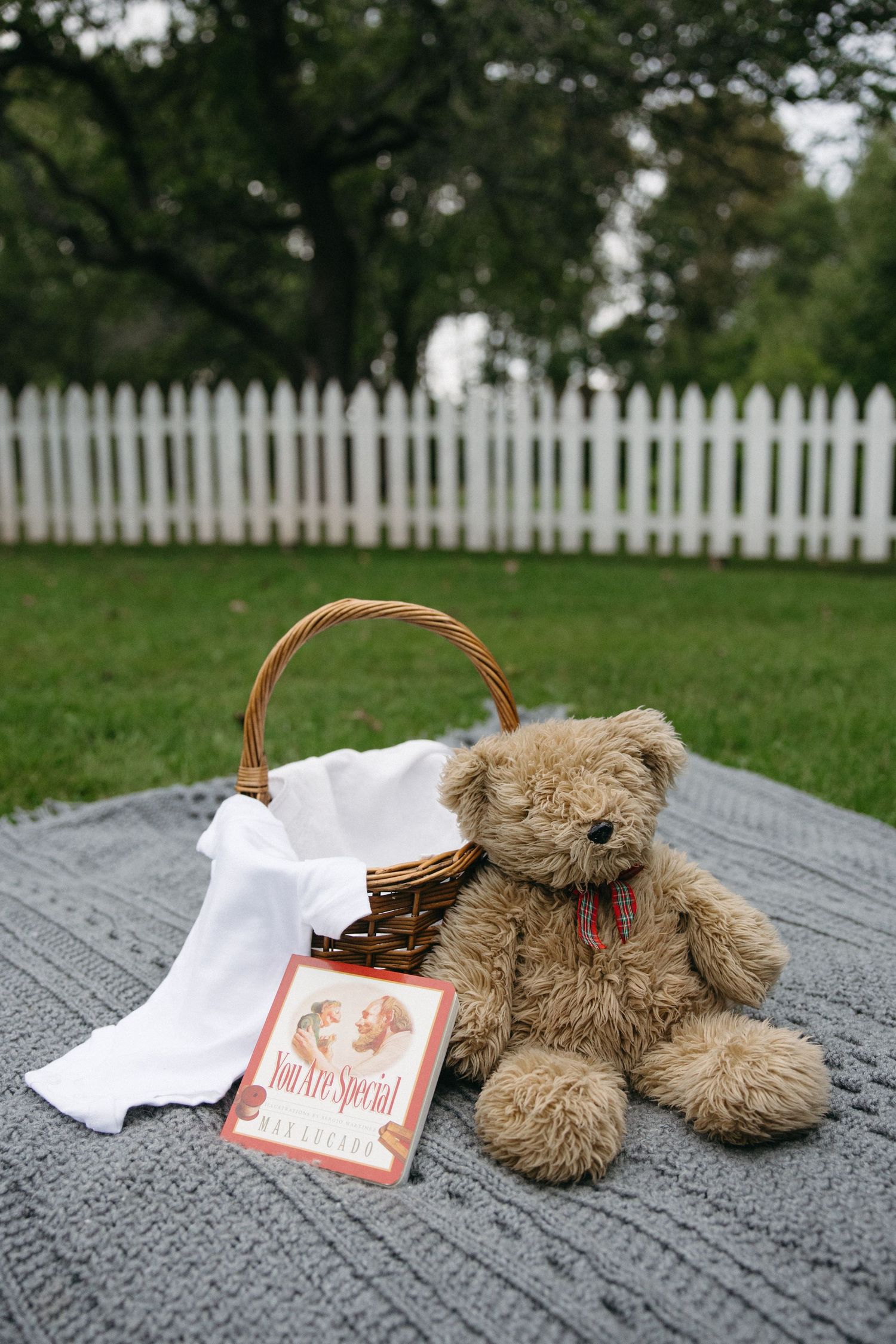 A teddy bear sits beside a wicker basket and You Are Special book on a blanket in a garden setting.