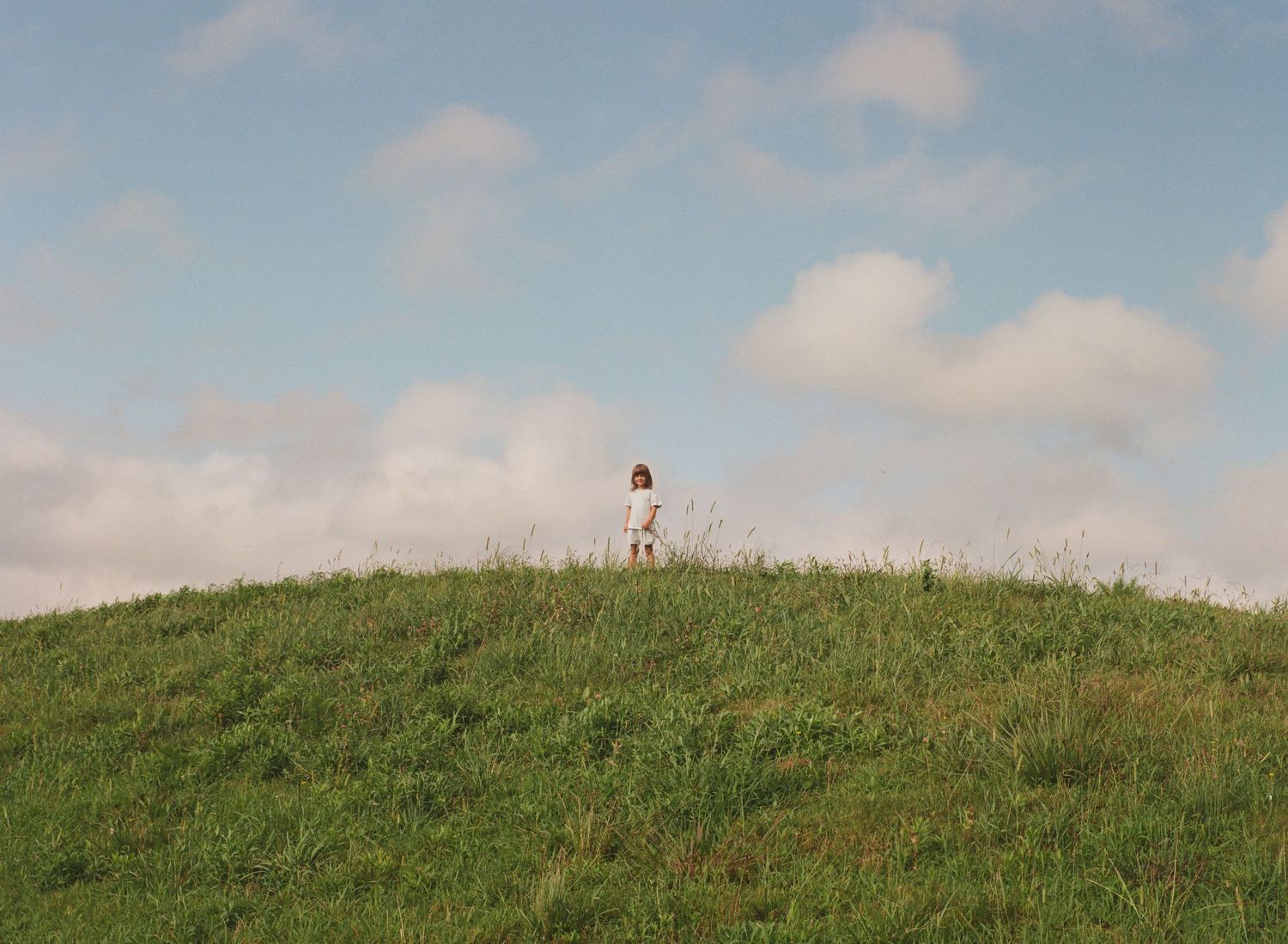 A grassy hillside slopes gently upward against a blue sky with wispy white clouds on a sunny day.