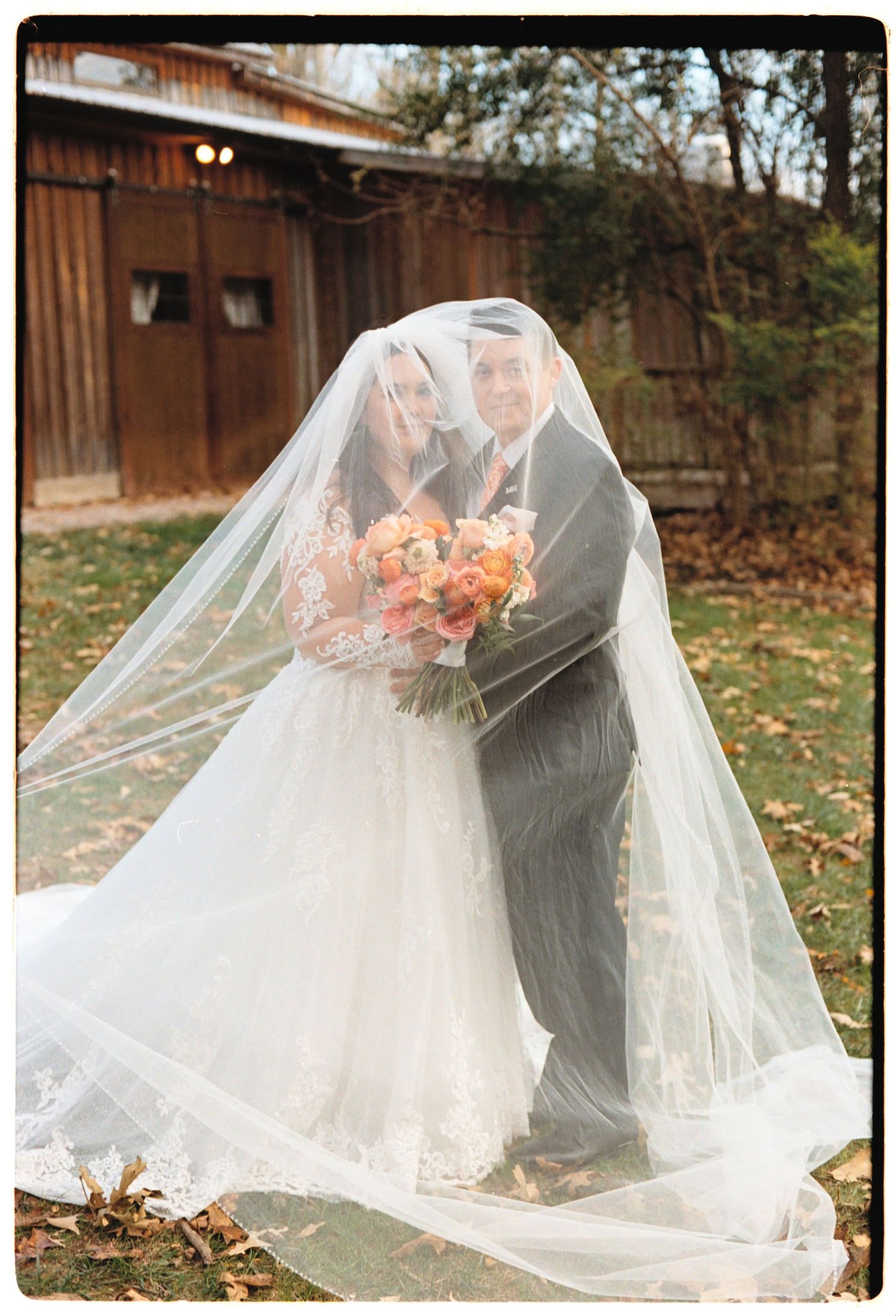 Romantic autumn wedding photo sequence showing couple embracing under flowing white veil in rustic outdoor setting.