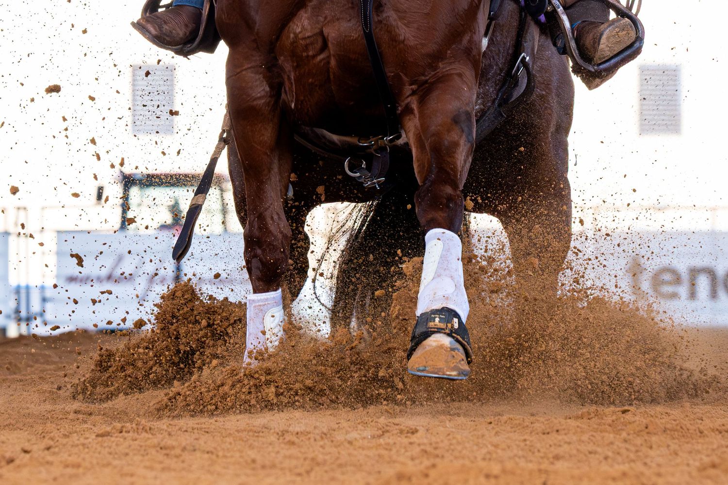 Close-up of horse hooves kicking up arena dirt during sliding stop maneuver.