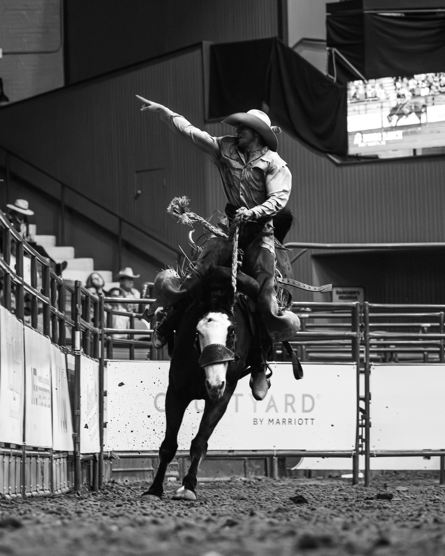 Black and white sequence of rodeo performer doing acrobatic moves in arena.