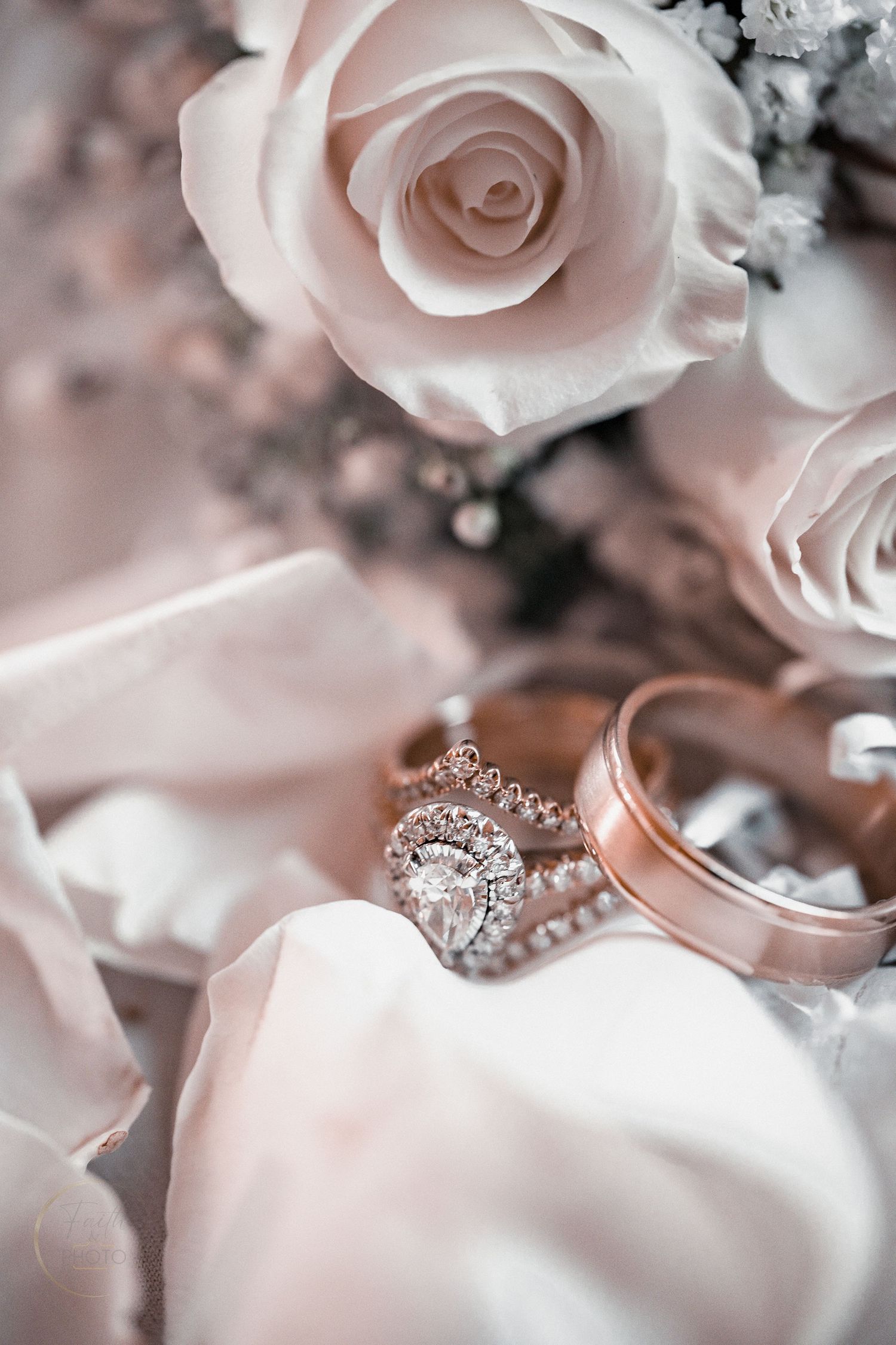 Close-up of diamond engagement ring and rose gold wedding bands nestled among soft blush roses and white ribbon.