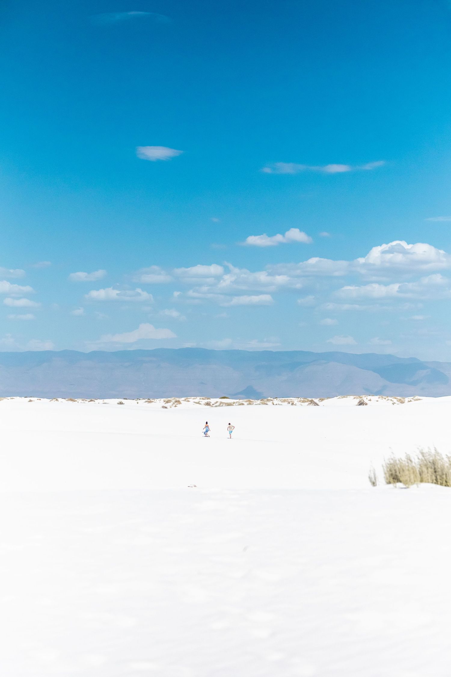White sand dunes stretch across the desert landscape under bright blue skies at White Sands National Park in New Mexico.
