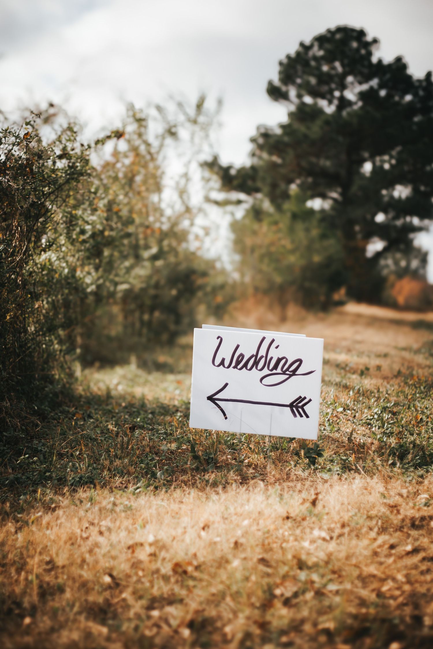 Rustic wedding directional sign with arrow placed in autumn field.