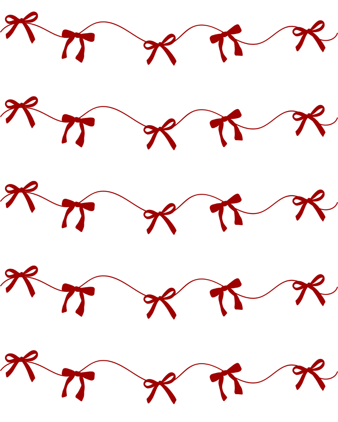 Five rows of dark red decorative ribbon bows connected by a wavy string, perfect for holiday and Christmas gift wrapping designs.