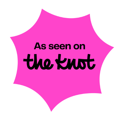 Pink star-shaped speech bubbles with text 'as seen on' and 'the knot' arranged in a repeating pattern.