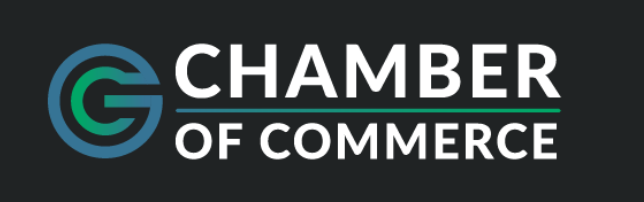 Grove City Chamber of Commerce logo with a stylized G icon in teal and green on a dark background.