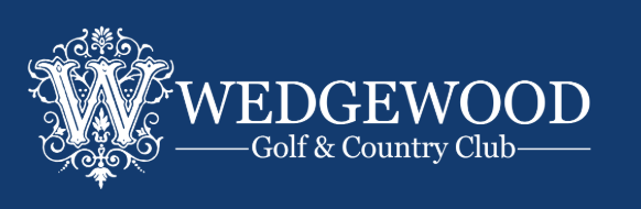 Wedgewood Golf and Country Club logo with ornate white lettering on a navy blue background.