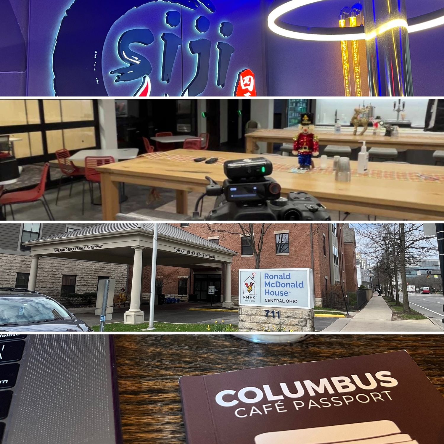 Collage featuring SIJI sign, Ronald McDonald House, VARGO, and Columbus Cafe Passport.