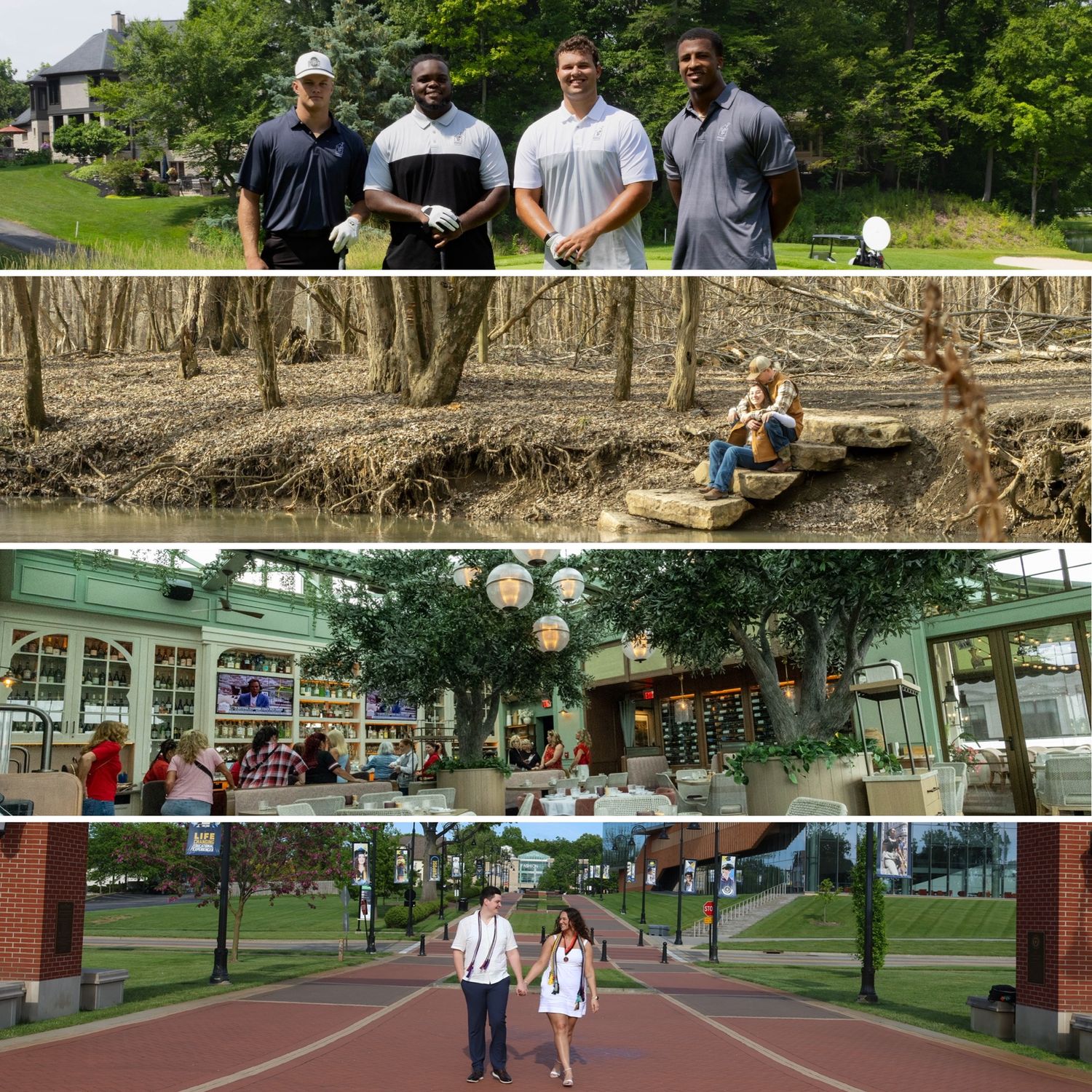 Collage of golf outing, a couple, atrium, and couple walking.