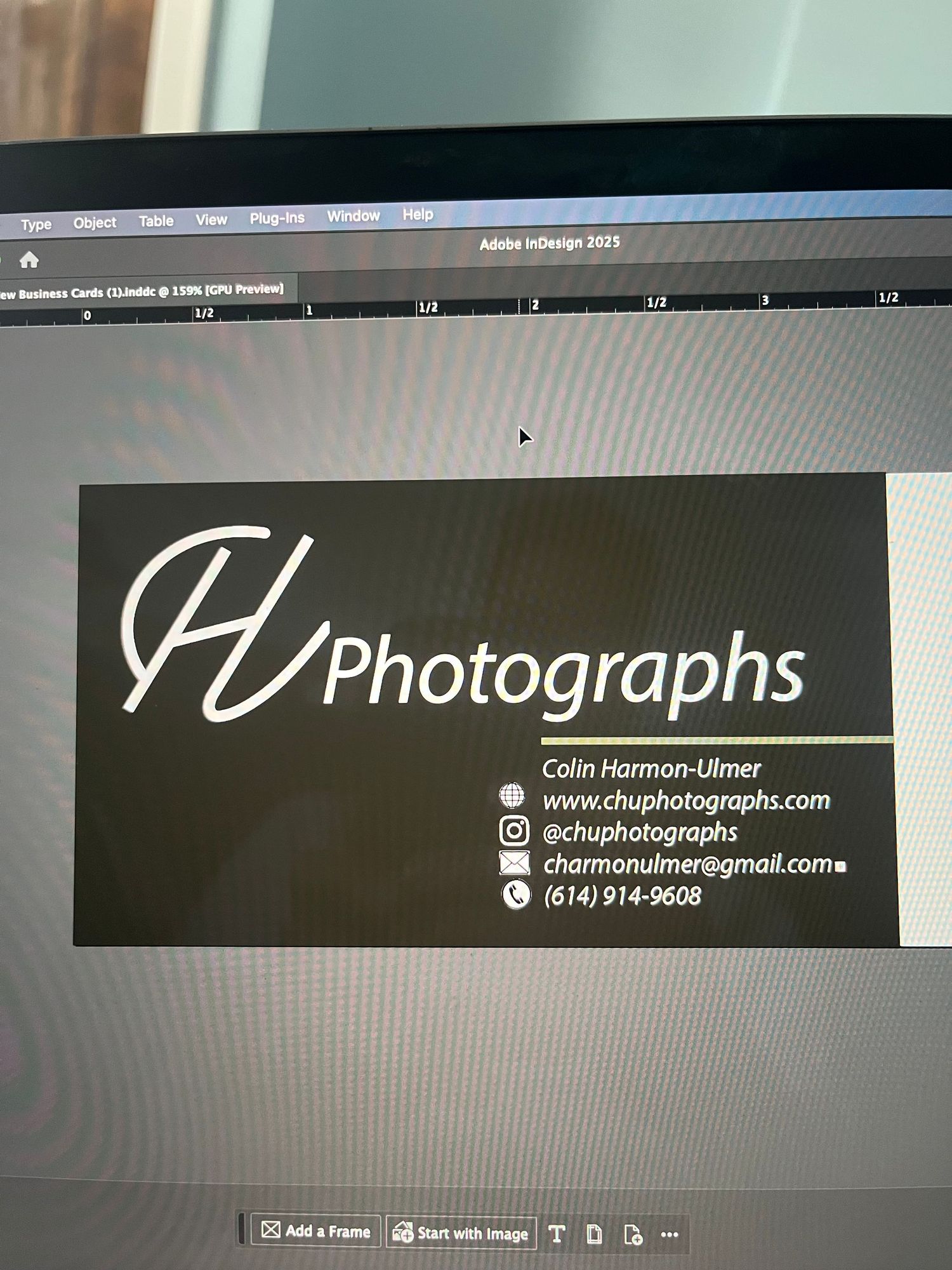 Business card for CHU Photographs by Colin Harmon-Ulmer displayed on a computer screen.