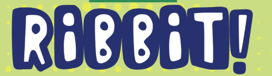 Ribbit! colorful children's brand logo in bold blue bubble letters on a green background.