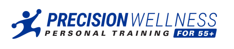 Precision Wellness Personal Training for 55+ logo with blue athletic figure icon.