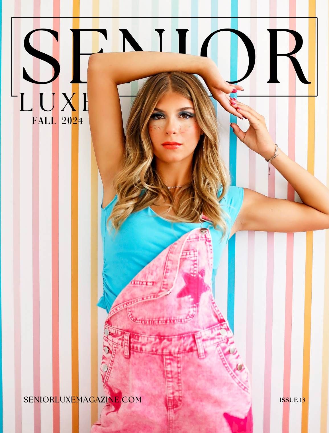 Model wearing pink tie-dye overalls and turquoise tank top poses against striped pastel background.