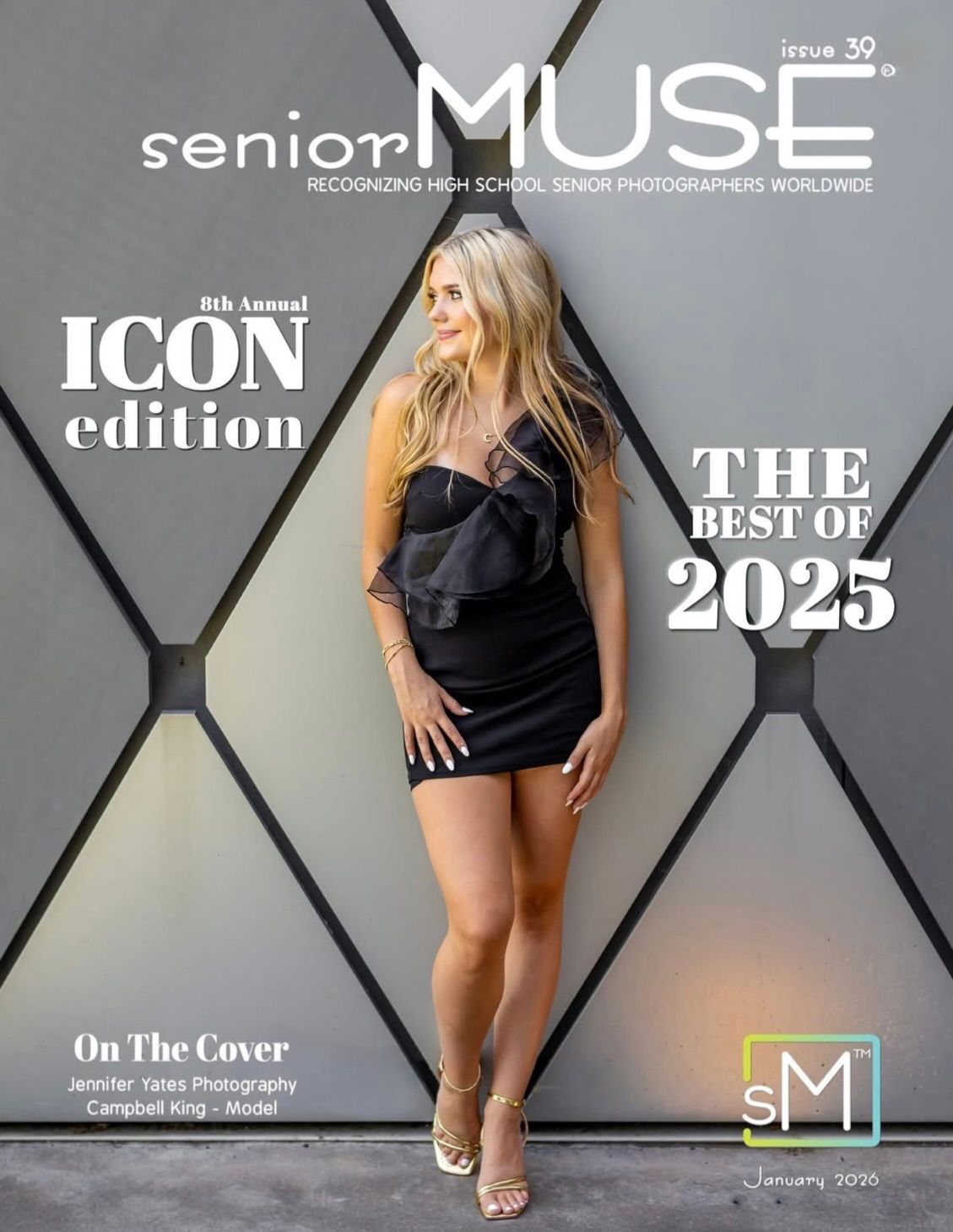 Fashion magazine cover featuring a woman in a black mini dress posing against a geometric patterned gray background.