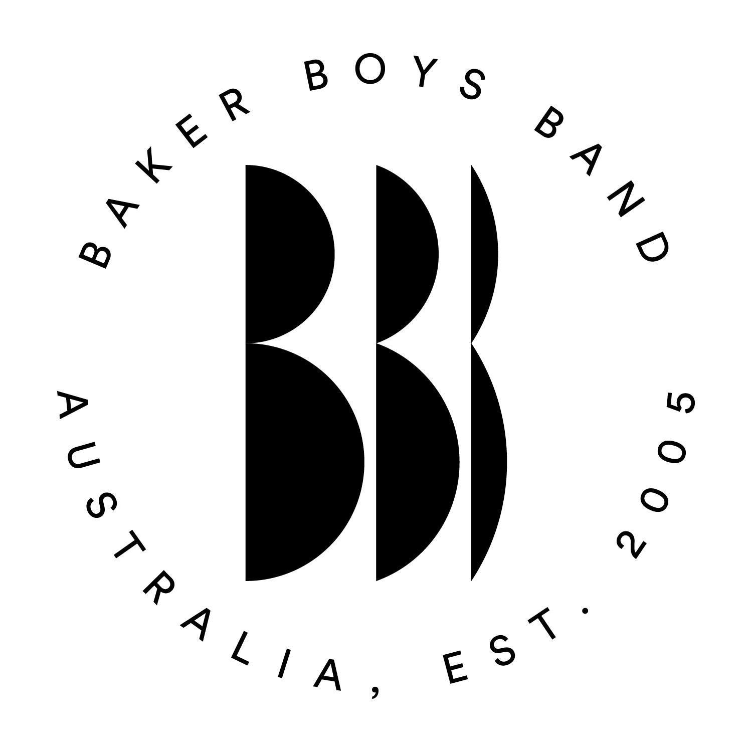 Circular black and white logo design for Baker Boys Band Australia featuring 'BBB' formed by semicircles.
