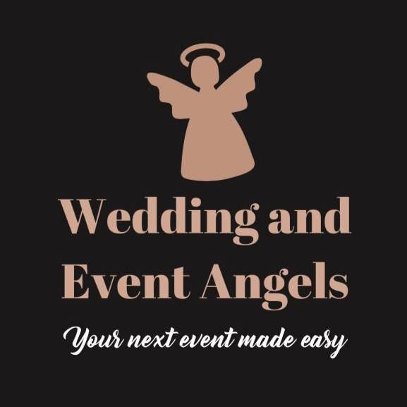 A black logo design featuring a simple rose-colored angel silhouette with text Wedding and Event Angels underneath.