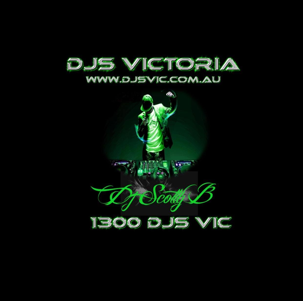 Green neon logo design for DJs Victoria with DJ silhouette and contact information on black background.