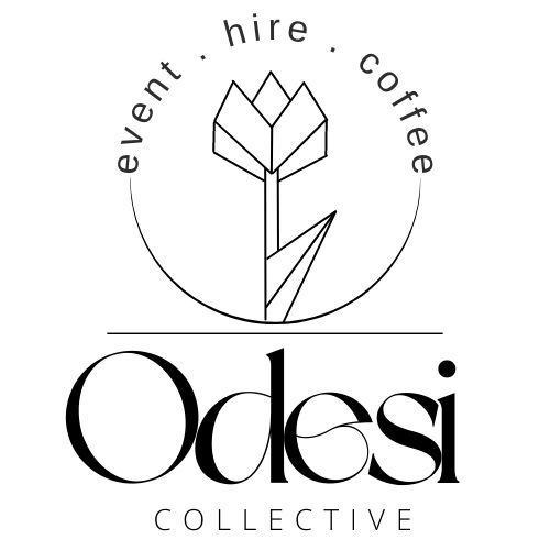 Minimalist black and white logo for Odesi Collective featuring a geometric tulip flower design in a circle.