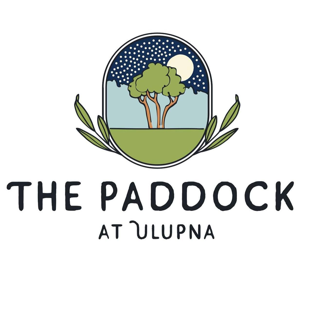 A circular logo design showing trees and hills with 'The Paddock at Oldpine' text integrating nature elements.