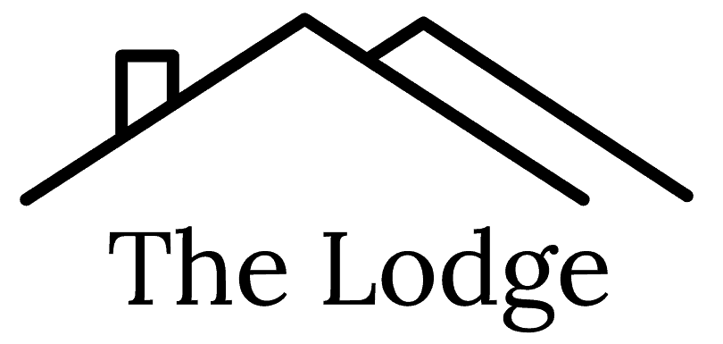 Black and white architectural blueprint or floor plan showing layout and dimensions of a lodge building.
