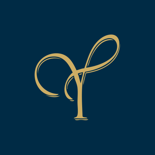 Golden decorative calligraphy letters T and F on dark navy blue background in elegant script style.