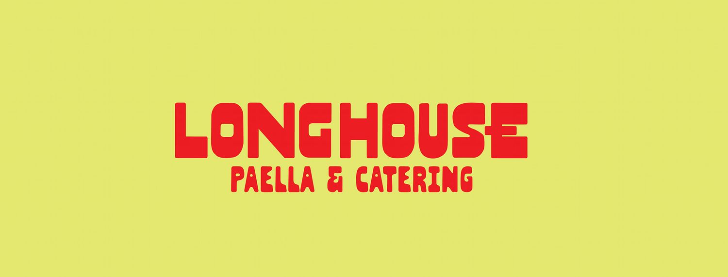 Yellow banner sign for Longhouse Paella & Catering restaurant against bright yellow background.