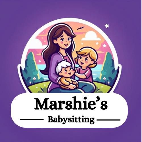 Cartoon logo design for Marshie's Babysitting service showing caregiver and children in a circular nature scene.