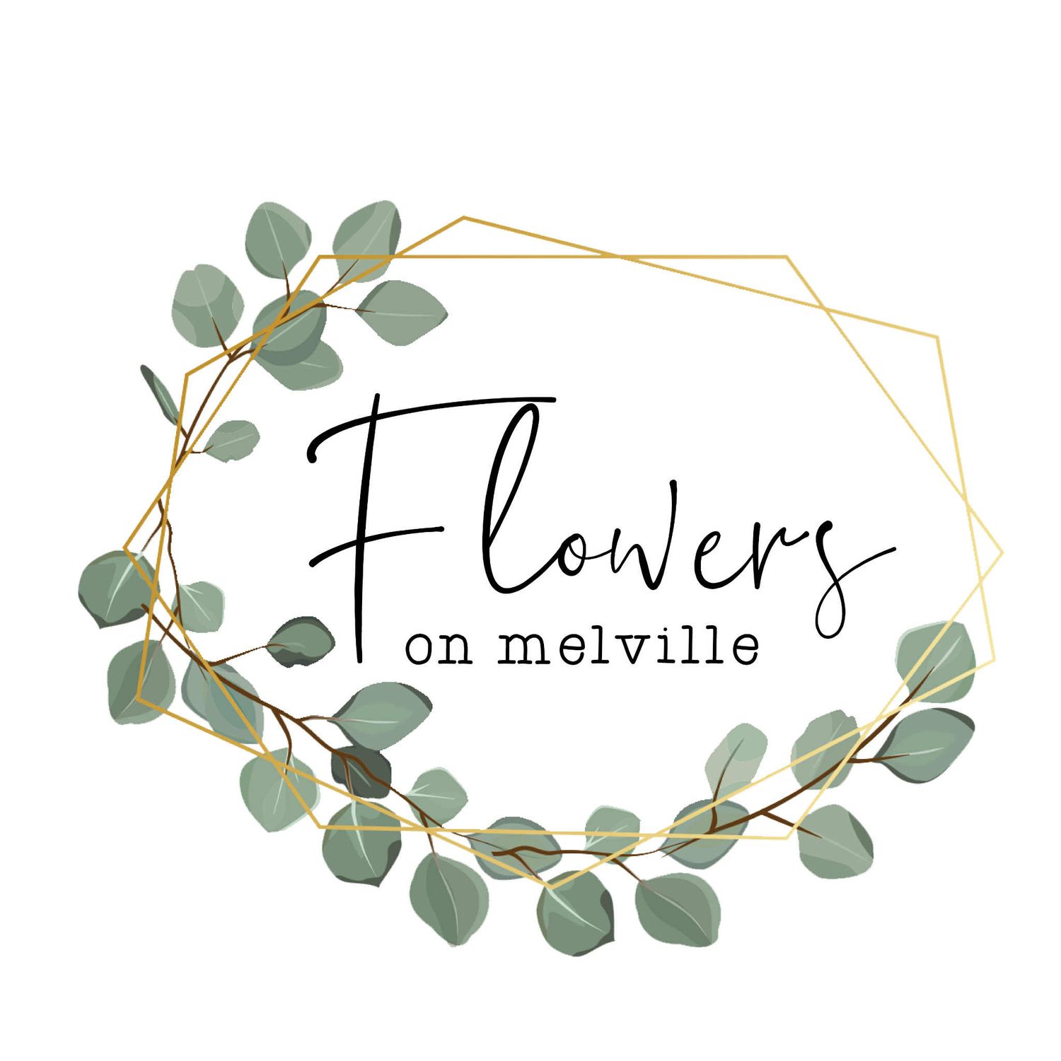 Elegant floral logo design with eucalyptus leaves in sage green forming a wreath around text 'Flowers on melville'.