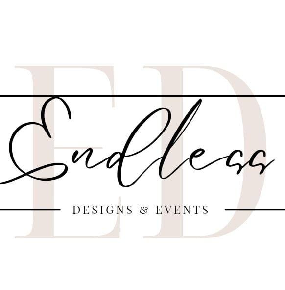 Elegant black and white logo design for Endless Designs & Events with cursive script and modern typography.
