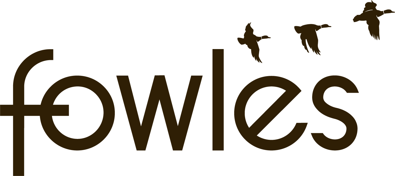 A minimalist logo design showing the word 'fowles' with three birds flying above it in silhouette.